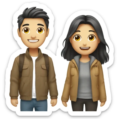 Cute Asian couple (girl with wavy long hair guy with short straight hair) excitedly traveling  sticker