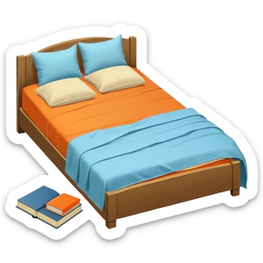 bed with a wrinkled light blue blanket, cream mattress, and one pillow out of place on the floor. Around the bed, scattered items include an orange t-shirt, greenish-blue pants, and an open book on the floor. The background is transparent sticker