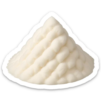 small translucent pile of fine off-white powder with a light fluffy texture, gently mounded or slightly scattered, very fine matte grains resembling starch or gelatin substitute, no spoon bowl or extras, soft lighting, subtle shadows, emoji scale sticker
