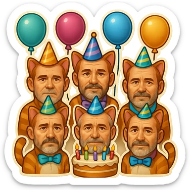 Make the six cats look more like men in their forties, with subtle masculine facial features, mature expressions, and hints of age, while keeping the festive birthday party emoji style. Preserve the transparent background. sticker