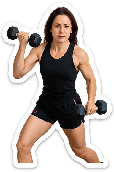 Allenamento ad alta intensità donna mentre fa pesi con in mano due manubri sticker