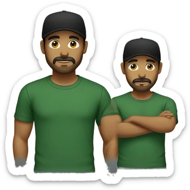 brown man with a dark beard, dark eyes, dark green t-shirt and a BLACK BLACK cap sticker