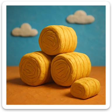 stacked hay bales with a blue sky background, playful and colorful, claymation style sticker
