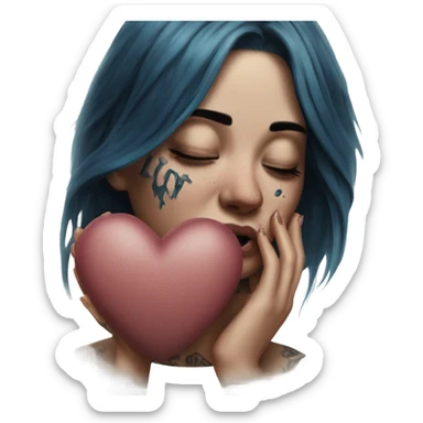 Hyper Realistic Beautiful tattooed woman crying holding a broken heart sticker