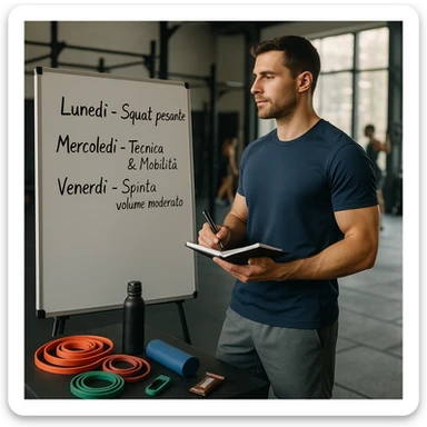 Athletic 30-year-old man in a modern gym, near a whiteboard with a weekly plan in Italian: 'Lunedì – Squat pesante', 'Mercoledì – Tecnica & Mobilità', 'Venerdì – Spinta volume moderato'. He observes the plan calmly, wearing sportswear, holding a pen and notebook. Around him: resistance bands, mobility tools, water bottle, protein bar. Strong and relaxed posture. Other athletes in the background. Natural light, fitness-lifestyle style, slightly cinematic. sticker