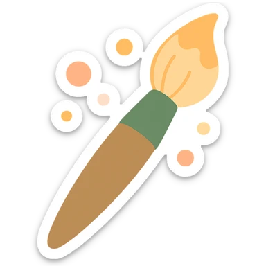 A cute and whimsical artist's paintbrush with a soft and cozy design, featuring a warm color palette: golden orange (FA9B41), deep forest green (4A7C5C), muted taupe brown (96775A), and pastel peach (FFCC9A). The brush has a delicate wooden handle in muted brown, with the bristles slightly fanned out, holding a touch of paint in shades of peach and orange. The tip of the brush is dipped in a soft golden hue, and tiny splashes of paint in the palette’s colors are gently scattered around. The overall mood is playful, artistic, and charming, evoking a sense of creativity and warmth. sticker