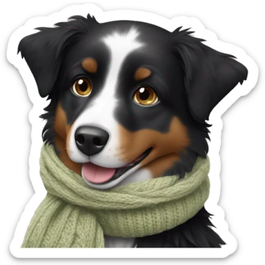 Small black australian shepherd dog wearing a knit scarf sticker