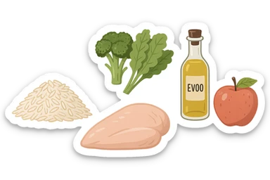 Riso basmati
Petto di pollo
Verdura fibrosa verde
Olio EVO
Mela sticker