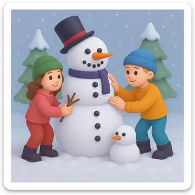 Show two different kids (different hair and clothing colors) building a snowman in a snowy background, keep the 3D emoji style sticker