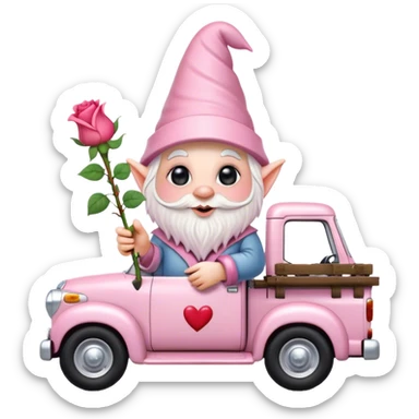 An adorable little pale pink Valentine’s Day style gnome with large glistening eyes, holding a rose with hearts in the background riding in the back of a beat up old pick up truck sticker