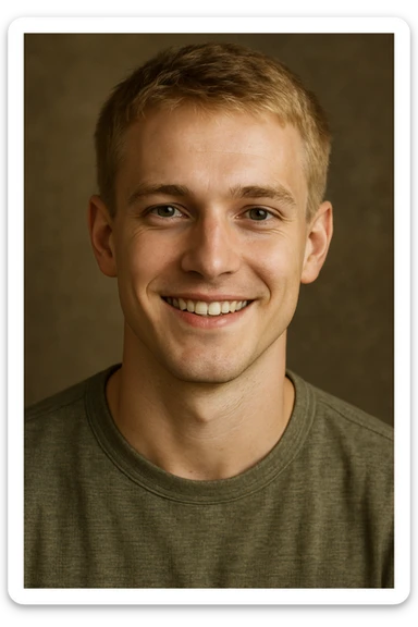 young man with short blond hair and green eyes, smiling sticker