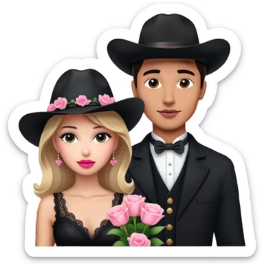 man with black cowboy hat and elegant woman, Eiffel Tower in background, pink delicate flowers sticker