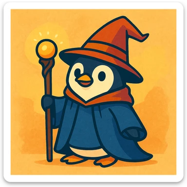a penguin dressed as a wizard, with a pointy hat and a magic staff, charming and whimsical style sticker