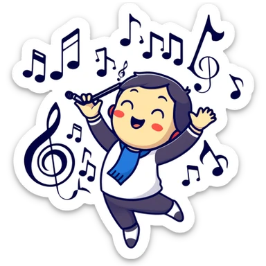 Ruko Yokune in singing pose with musical notes, colorful cartoonish sticker style sticker