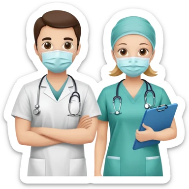 Doctor with surgical mask and scrubs next to another doctor with clipboard sticker