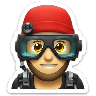 scuba diver, wearing a red beanie and with a camera sticker