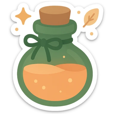 "A cute potion bottle with a whimsical and cozy design, featuring soft and warm colors: golden orange (FA9B41), deep forest green (4A7C5C), muted taupe brown (96775A), and pastel peach (FFCC9A). The bottle is small, round, and slightly vintage in style, with a cork stopper and a delicate ribbon tied around its neck. The potion inside glows faintly with a peachy-orange hue. Surroundings include soft lighting and a magical atmosphere, possibly with sparkles or tiny floating leaves, emphasizing a warm and enchanting mood. The style is charming, storybook-like, and detailed sticker