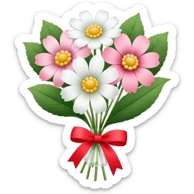 One pink flower and one white flower in transparent bouquet with red band  sticker