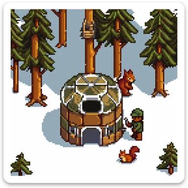 squirrel hut under construction with four workers sticker