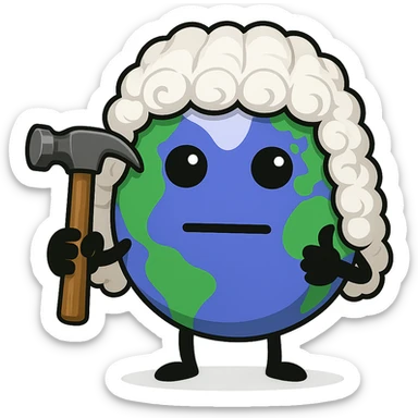 Enhance the hammer to be more detailed and realistic while maintaining the overall cartoonish style. Add a classic white judge's wig onto the character's head. Keep the background transparent. sticker