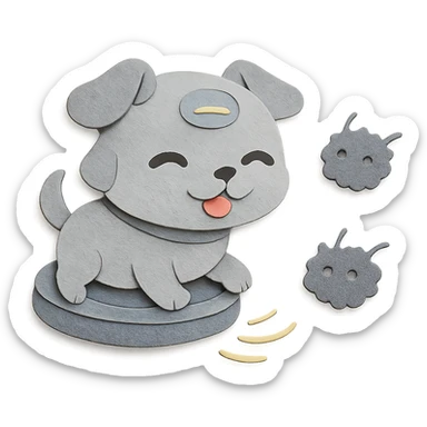 chibi vacuum robot-puppy hybrid spinning and chasing dust bunnies, soft grey pastel, full-body sticker