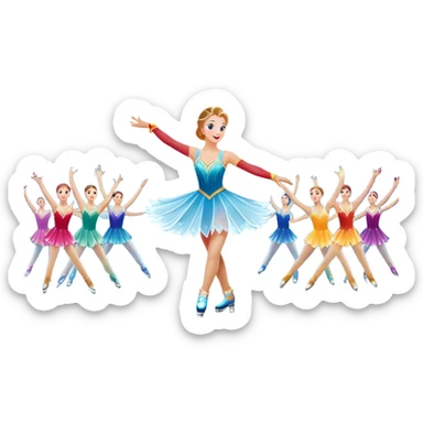 An icon of a theatrical ice show with close-up costumed figure skaters performing a dramatic scene on a glowing ice stage. Spotlights, colorful scenery, and a cheering audience in a grand arena convey the magic and artistry of the ice performance. Transparent background included. sticker
