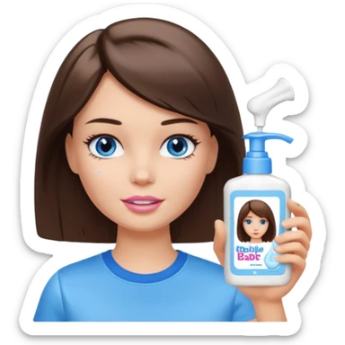 Barbie girl with makeup, blue eyes , and bob long haircut, short brown hair in white T-shirt, face Wash Cream sticker