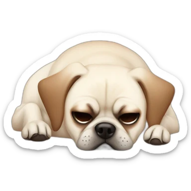 White Puggle with brown ears sleeping on bed sticker