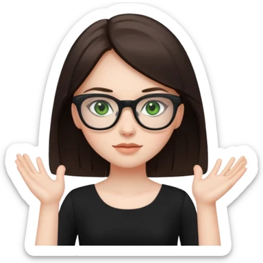 a cute white brunette girl with green eyes in a black dress wearing glasses  with two hands  sticker