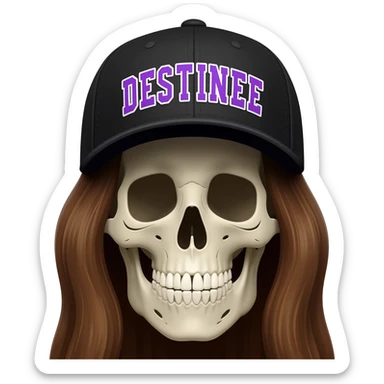 Create a skeleton head wearing a black baseball cap that says " DESTINEE " in lavender, and white lettering, with long brown hair sticker