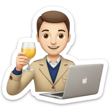 A friendly freelance character (male or neutral) working on a laptop while holding a glass of pastis/ricard (yellow drink with ice and lemon). The character should have a simple smiling face (no glasses), and should look energetic and creative. sticker
