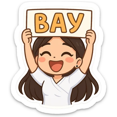 3D chibi bitmoji style sticker of the girl from the reference image, with long dark hair and wearing a white medical top, holding a sign above her head that says 'ВАУ', with a very happy and surprised face, with a white outline and transparent background. sticker