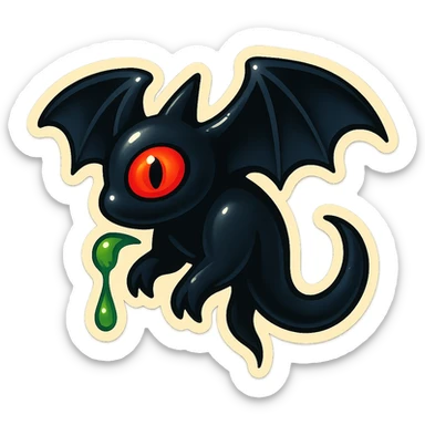 an all black reptilian bat-like creature. One cyclopian red eye in its face. no visible mouth or ears. has a long tale with a stinger that drips green poison sticker