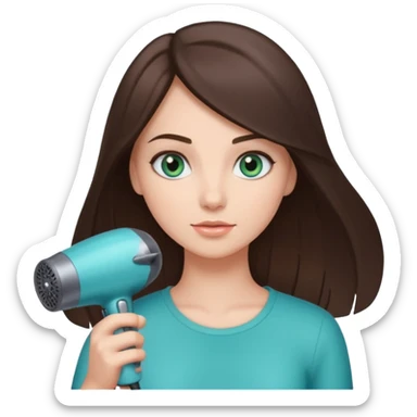 brunette bob girl hair stylist with blue green eyes holding a hair dryer sticker