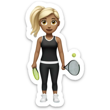 full length blonde girl with straight hair while playing tennis in black top and black leggings, I need a racket and balls  sticker