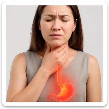 Realistic medical style image of a woman identical to the reference photo, showing symptoms of gastroesophageal reflux: hand on throat, expression of discomfort, with a glowing or reddish effect rising from the stomach to the esophagus and throat. sticker