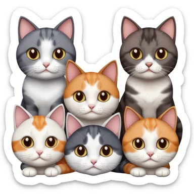 4 different coloured short haired cats including; a dark brown and white cat, and a dark grey and white, and a calico sticker
