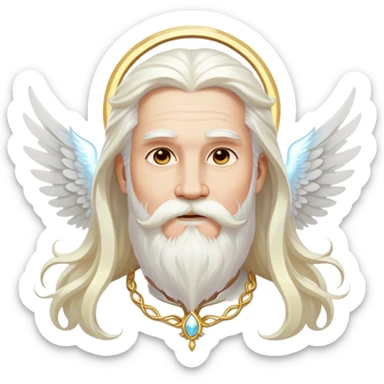 God-like figure with majestic white wings, long flowing white hair, beard and mustache, wearing gold dangle earrings, glowing aura sticker