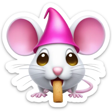 A mouse with full hot pink hair is holding a mushroom by the stem and looking down at it while opening his mouth widely to try to eat the entire cap in one bite. He has long eyelashes too sticker