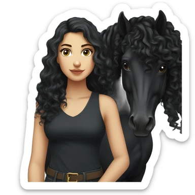 White girl, black shirt, long black curly hair, standing next to  black arabian horse sticker