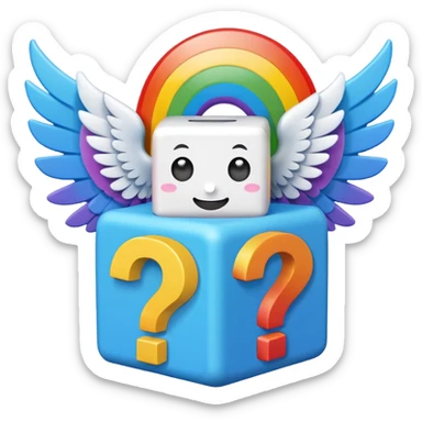  mainly blue and rainbow, the blue being the block itself. The rainbow parts are question marks, corner and smile. It has 2 white wings on each side like the other Lucky Blocks. sticker