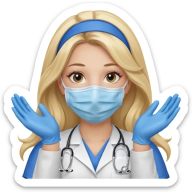 enfermera rubia con pelo largo, con mascarilla y guantes azules que aperezcan las dos manos, como las primeras imagenes que enviaste sticker