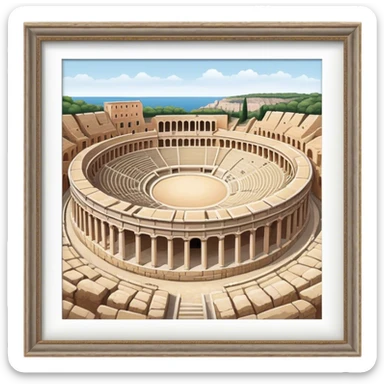Cinematic Realistic Pula Arena Landmark Emoji, showcasing the ancient Roman amphitheater rendered with detailed weathered stone textures and dramatic lighting. sticker