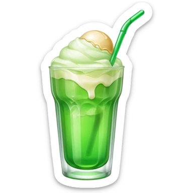 Create an emoji with a clear rounded glass, bright transparent green soda, vanilla ice cream scoop
 sticker