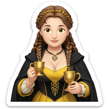 Helga Hufflepuff, brown-haired, 2 thick brown braids, yellow-black medieval dress, deep neckline, black cloak decorated with gold braiding, only one tiny two-handled shiny yellow-gold cup, very kind smile, curvy busty sweet woman, macromastia, thick round rosy cheeks sticker