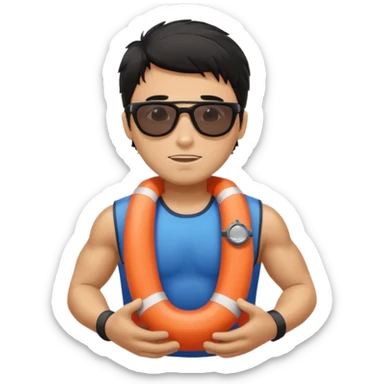 Dark Tan Muscular lifeguard with messy black hair with sunglasses, with life preserver sticker