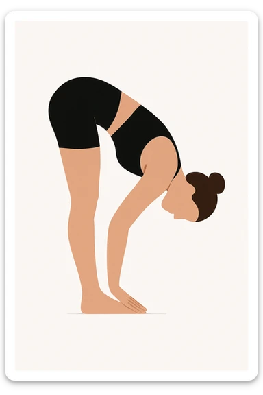 Minimalist flat vector illustration of a woman doing yoga in forward fold pose (Vrischikasana), wearing sportswear (black top and black shorts), brown hair in a bun, clean white background, no face details, elegant style sticker