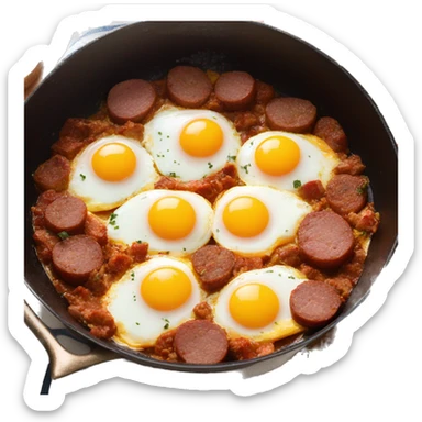 Sunny side up eggs with Turkish spicy sausage in a copper pan sticker