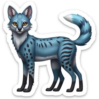 Realistic patterned marked edgy cute cool bluish greyish blackish whitish silvery coppery Shiny Colorful Dusky Dark Gloomy Glossy Maned-Wolf-Genet-Caracal-Lion-Bobcat-fusion-animal-hybrid-creature, full body, tufted ears, long thin tufted tail sticker