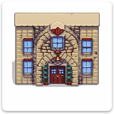 school building with windows and entrance sticker